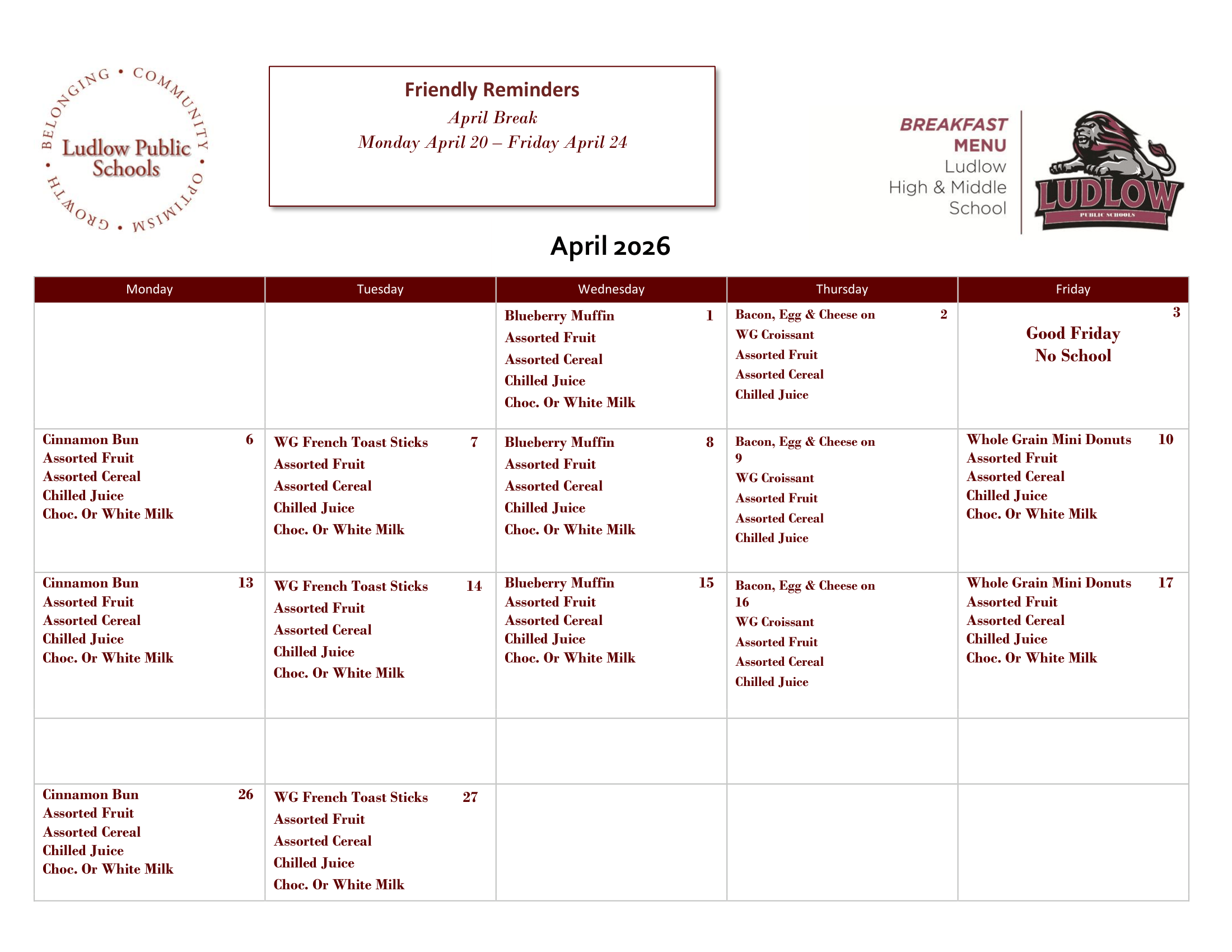 APRIL 2026 Breakfast Menu